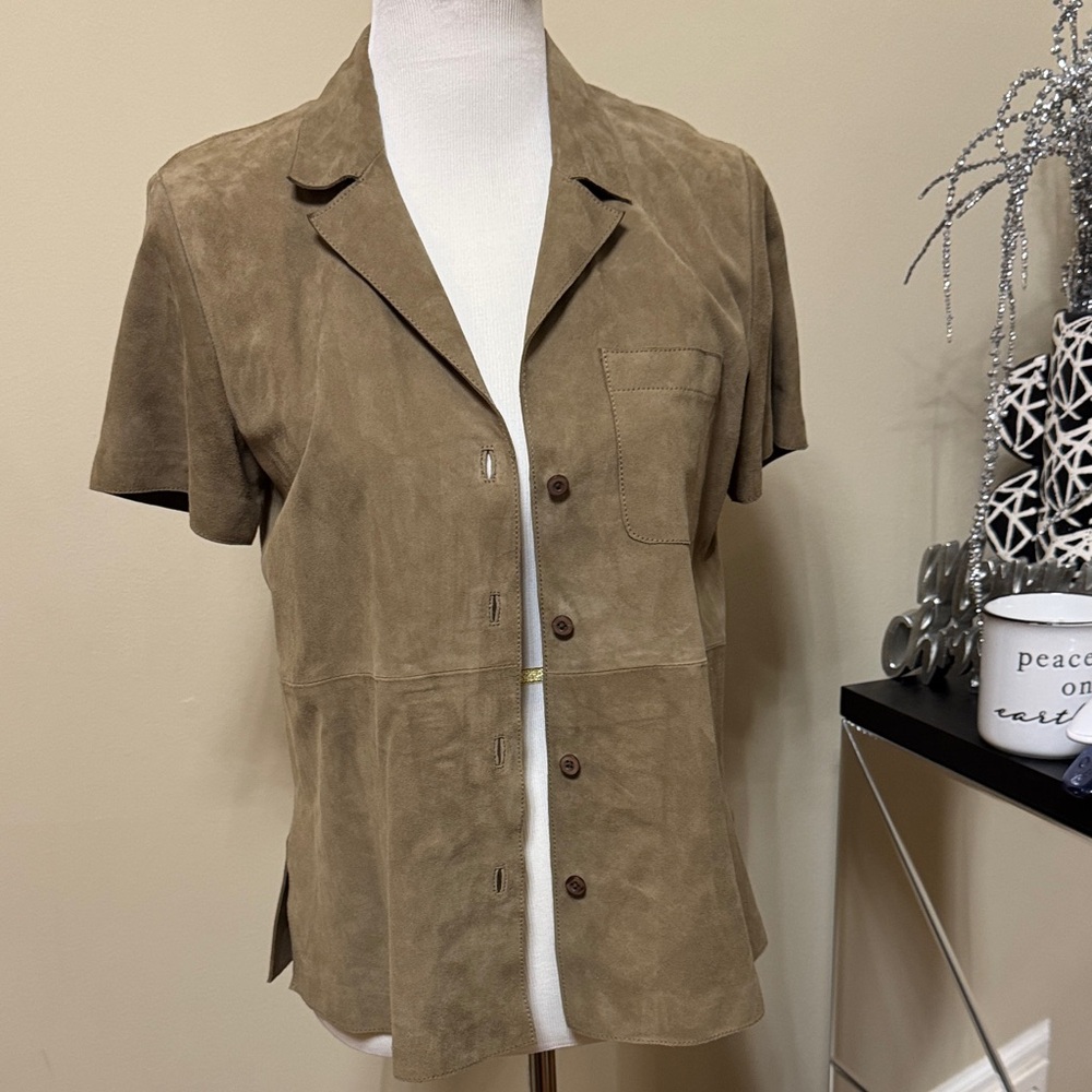 Ecru Tan/Light Army Green Leather Short Sleeve Jacket/Top Size M pre-owned.
